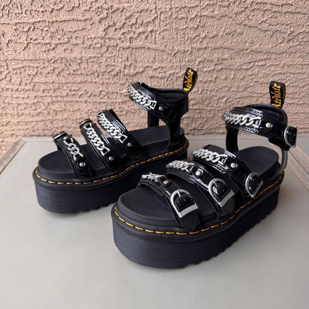 Dr. Martens Blaire II Quad Chain Sandals Womens 8 Black Patent Leather Platform